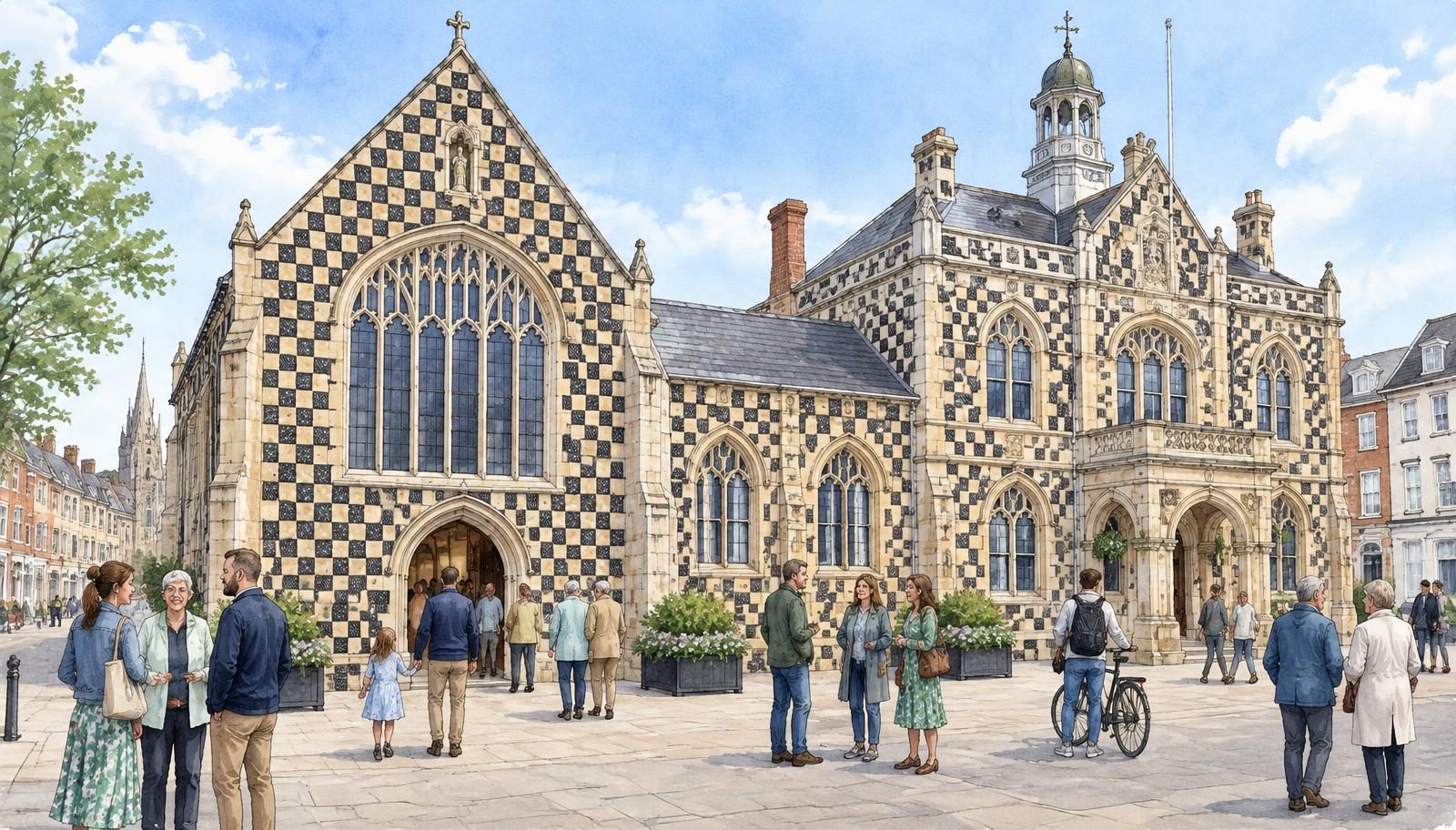 Artist's impression of residents outside the chequered flint Trinity Guildhall and Town Hall on Saturday Market Place, King's Lynn