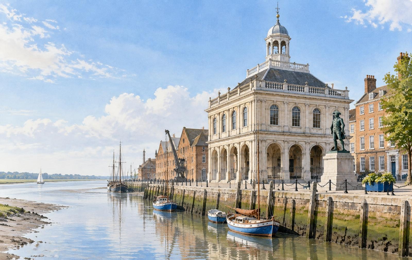 Artist's impression of the Custom House on Purfleet Quay beside the River Great Ouse in King's Lynn, with the Captain Vancouver statue