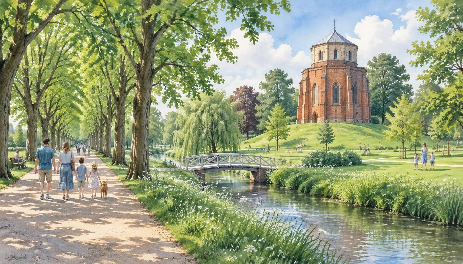 Artist's impression of The Walks park in King's Lynn with the octagonal Red Mount Chapel on its mound